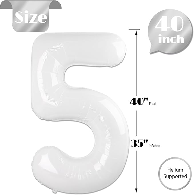 White 5 Balloon, Translucent Number Balloons 40 Inch, 5th Birthday Balloon Decorations, White Party Supplies, 5 Number Balloons, Number 5 Balloon