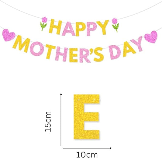 Happy Mother's Day Banner Set Decoration for Mother's Day Party Decorations Backdrop Garland for Mom Mother's Day Glitter Garland Photo Props (Pink Tulip Heart)