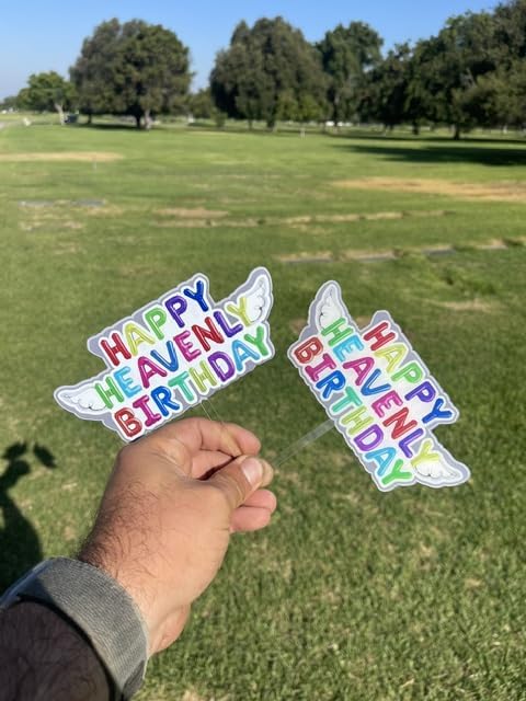 Original Heavenly Birthday Cake Topper - Colorful "Happy Heavenly Birthday" with Angel Wings - 2 Pack Memorial