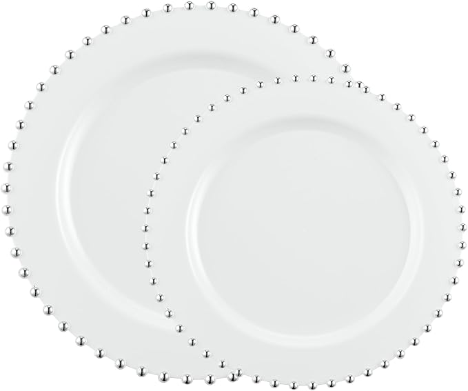 PLASTICPRO 128 Piece Combo Plastic Dinner Plates Disposable Plastic Fancy Heavy Duty Party Dishes 7 inch and 10 inch, White and Silver Beaded