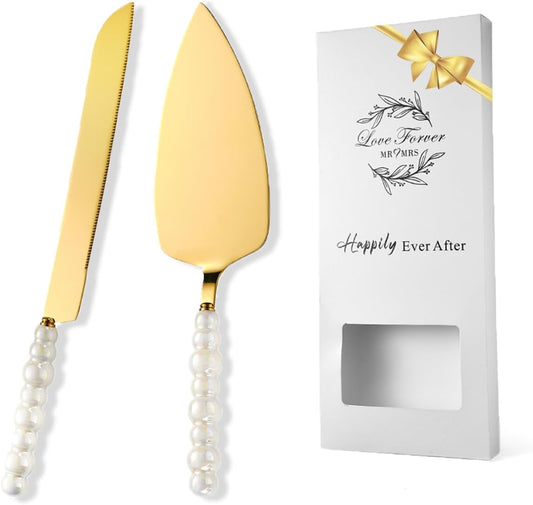 Wedding Cake Knife and Server Set, Ceramic Pearl Handle Cake Cutting Set for Wedding, Stainless Steel Pie Cutter, Bridal Shower Gifts, Engagement Gift for Couples (Gold, Set of 2)
