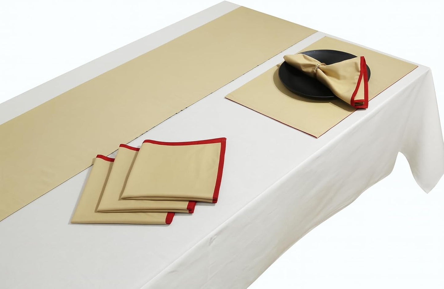 Touchstone Indtresor Indian Heritage Fabric Cotton Table Linen Reversible Set Runner Napkins Mats in Khaki Black Red