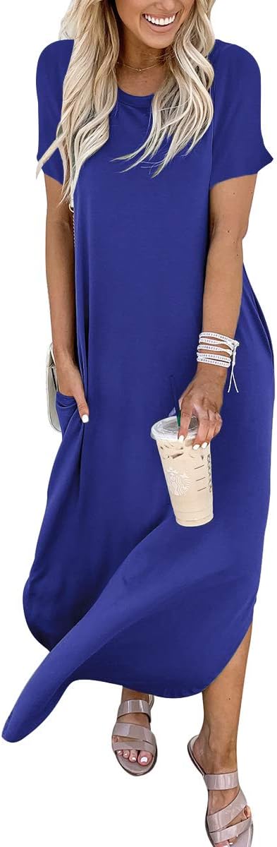 ANRABESS Womens Summer Maxi Dress Short Sleeve Casual Loose Long T Shirt Dresses Split Vacation Beach Sundress Travel Outfits