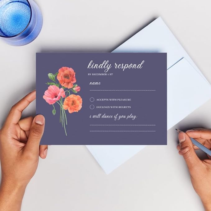 Personalized Wedding RSVP Cards On Glossy Thick Card With Envelope, Personalized Reponse, 5 x 3.5 Inches, Set of 15 Custom Cards with White Envelopes (Navy Blue)