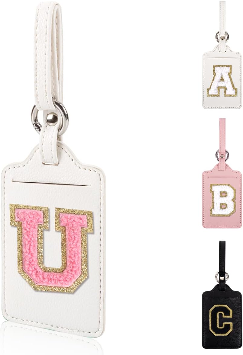 Personalized Initial Luggage Tags for Suitcases, Leather Chenille Letter Cute Luggage Tags with Privacy Name Card, Embroidered Travel Bag Backpack Tags Gifts for Women Kids Girls Teens(White-U)