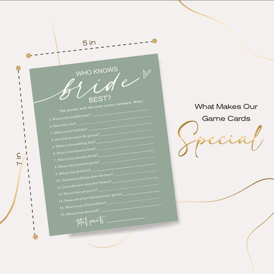Bridal Shower Games Cards, Who Knows The Bride Best, Bridal Shower Game 25 Guests, Engagement Party Wedding Games for Guests, Minimalist Green Wedding Party Supplies - C03