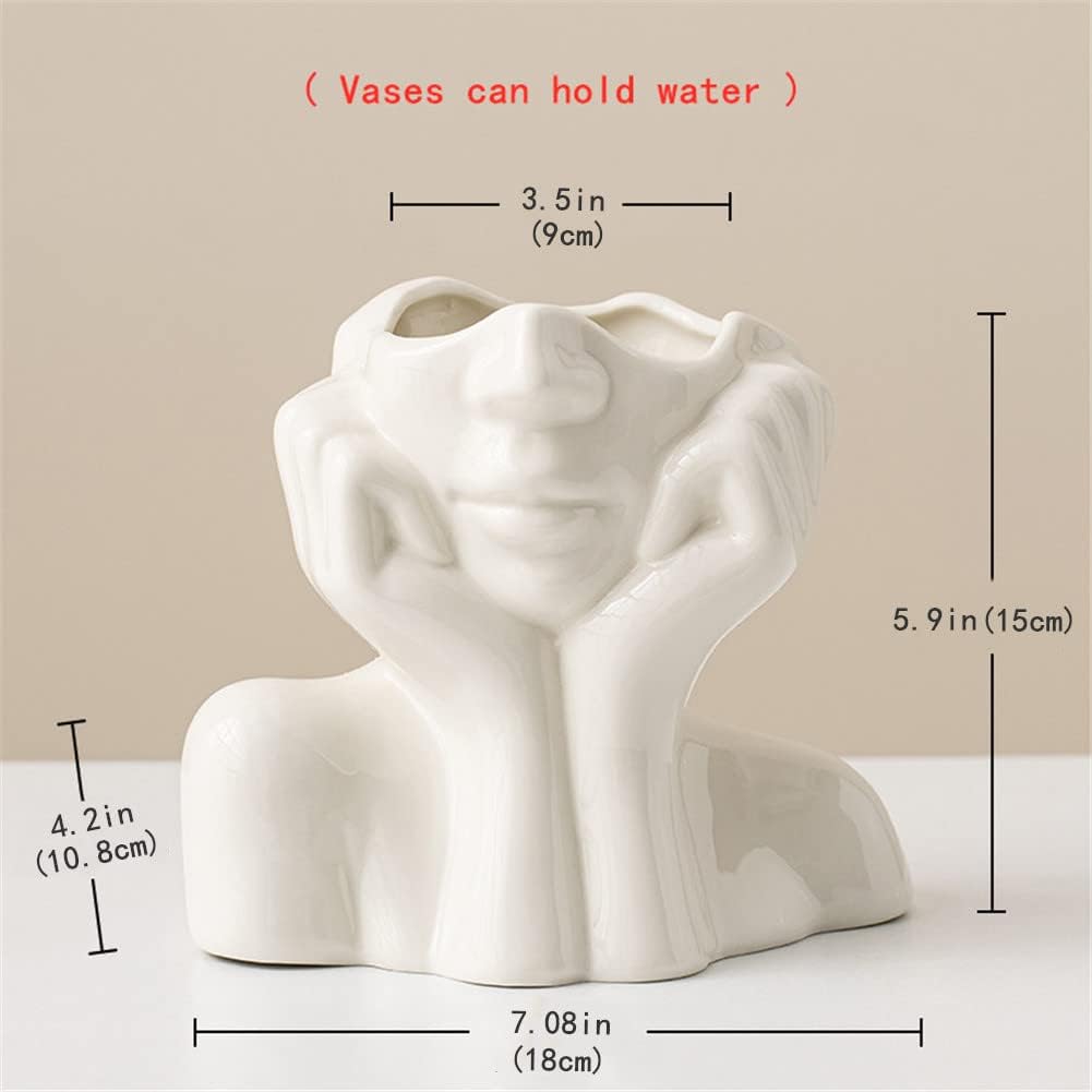 White Ceramic Face Vase, Female Form Head Half Body Bust Vases Boho Feminist Minimalism Decorative Modern Nordic Style Flower Vase for Home Living Room Office Book Shelf Decor (Large)