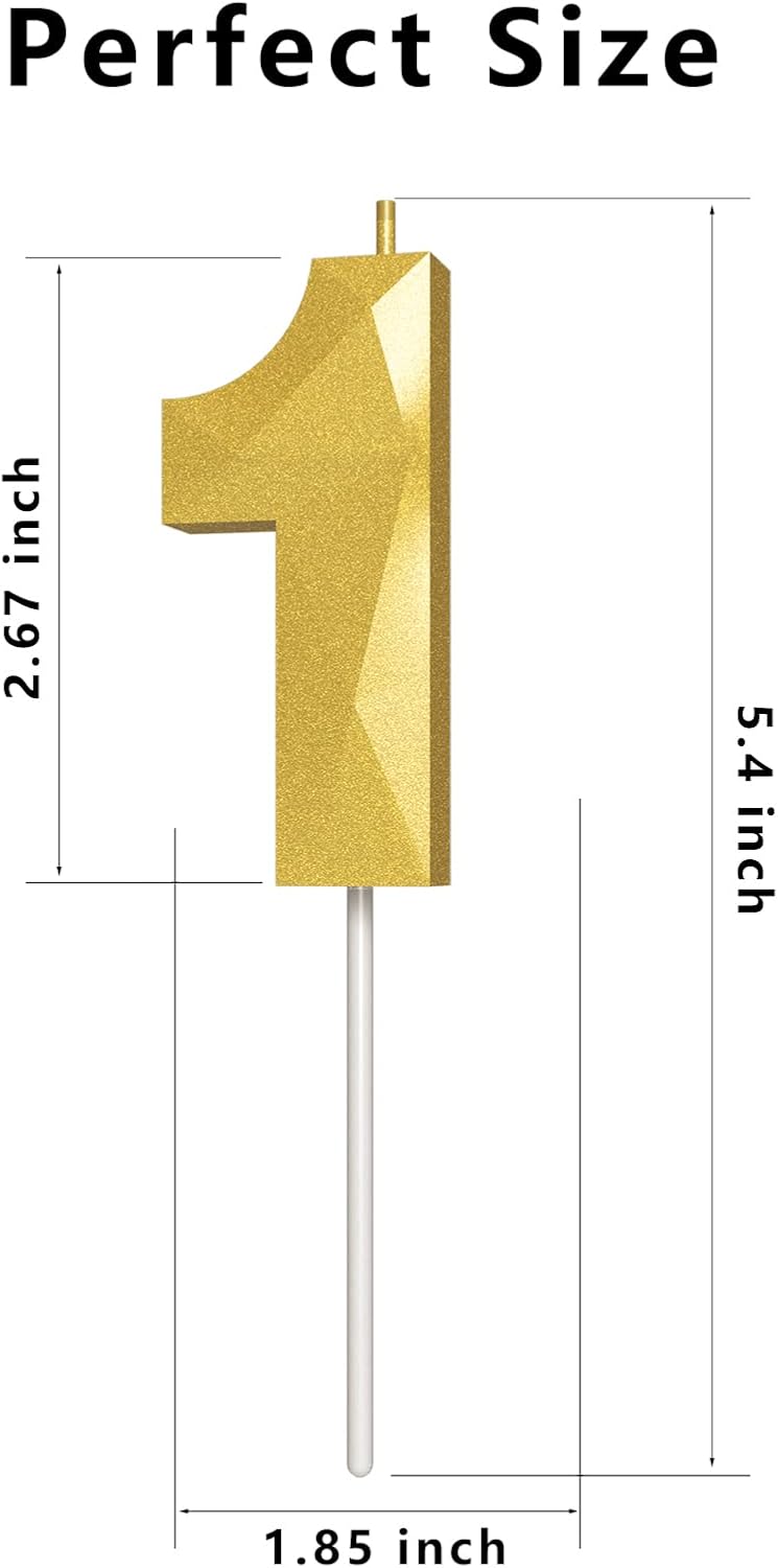 Number Birthday Candles(1 Candle Gold) 3D Diamond Shape Number Happy Birthday Cake Candles for Birthday Party Wedding Decoration Reunions Theme Party