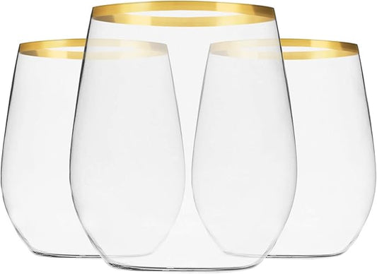 Munfix 48 Pack Plastic Stemless Wine Glasses with Gold Rim, Disposable 12 Oz Clear Plastic Wine Cups Shatterproof Recyclable and BPA-Free