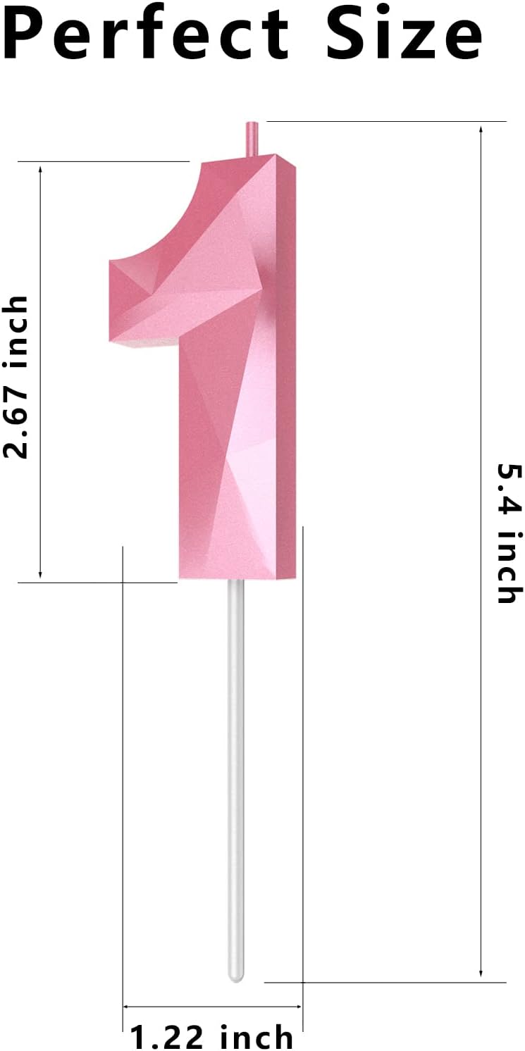 Number Birthday Candles(1 Candle Pink) 3D Diamond Shape 1st Happy Birthday Cake Topper Decorations for Girl Women Birthday Wedding Anniversary Celebration Theme Party Supplies