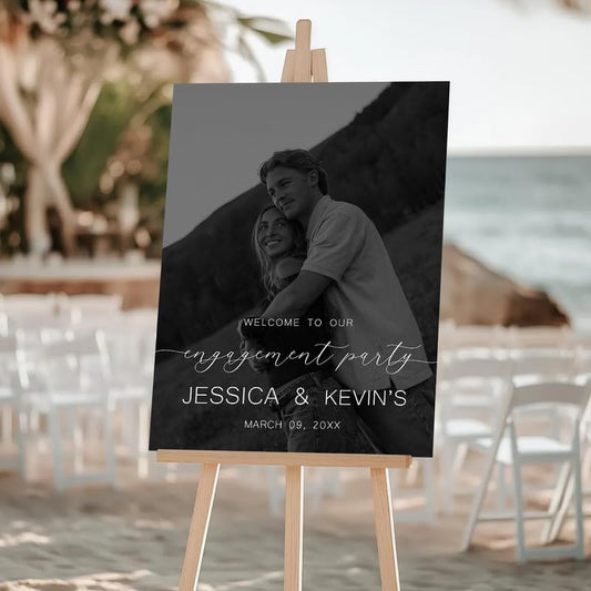 Black & White Photo Engagement Party Welcome Sign - Modern & Romantic Decor with Custom Photo