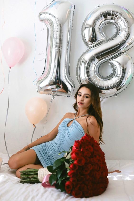 Silver Number 18 Balloon 40 inch, 18 Number Balloons, 18th Silver Birthday Decorations for Girls Boys Kids, 18 Year Old Silver Party Supplies