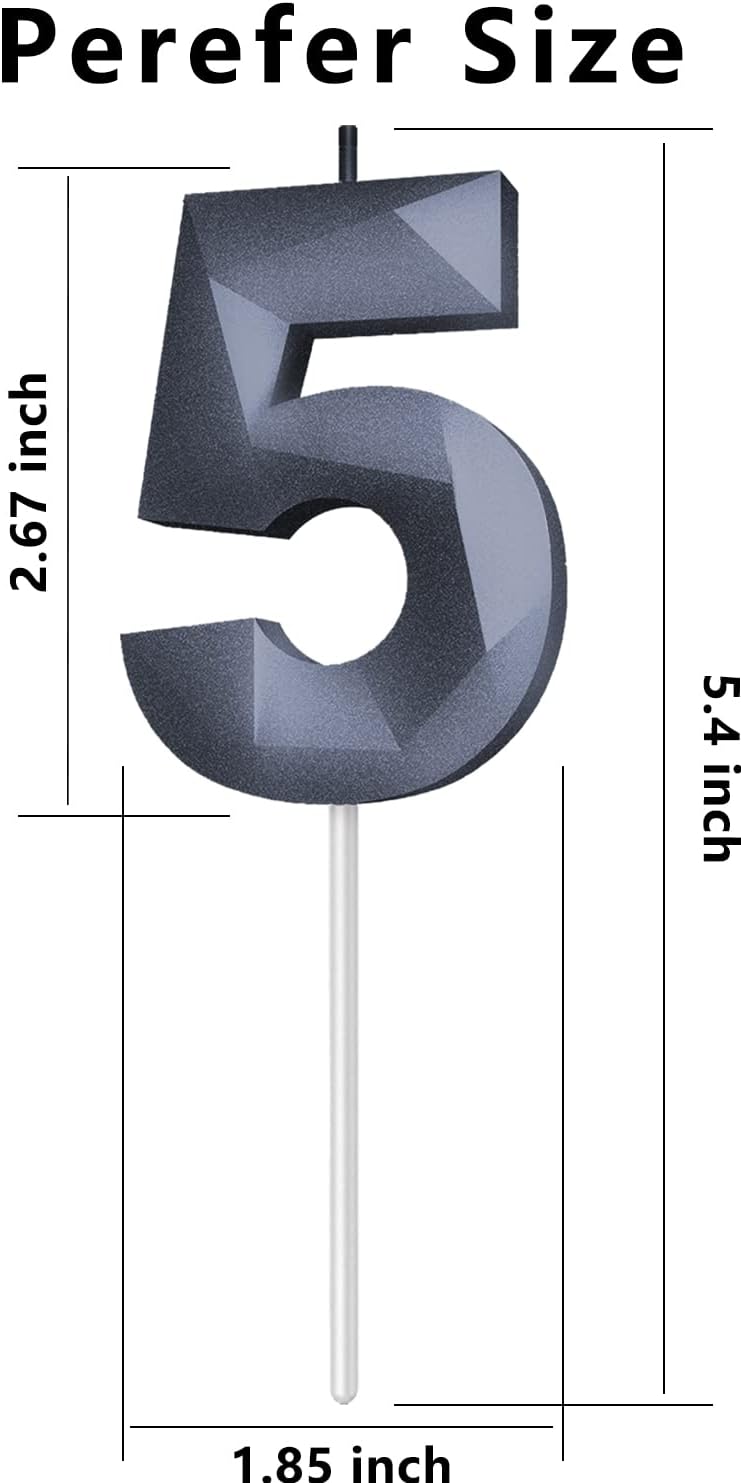 Number Birthday Candles(5 Candle Black) 3D Diamond Shape 5th Happy Birthday Cake Topper Decorations for Boy Men Birthday Wedding Anniversary Celebration Theme Party Supplies