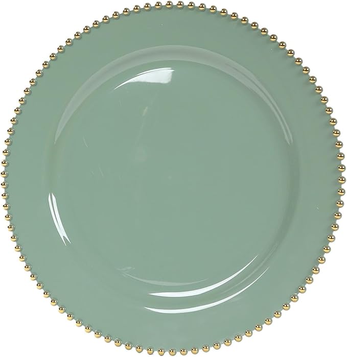 Efavormart 10-Pack Economy Plastic Charger Plates 13" Round Dusty Sage Green with Gold Beaded Rim - Stylish Dinner Party Serving Plates