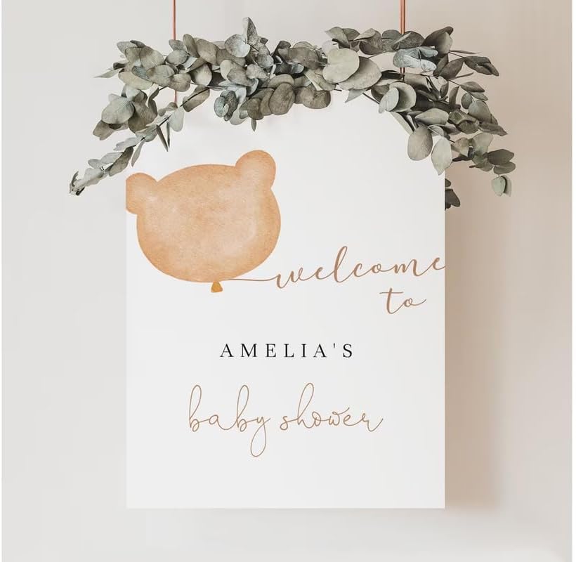 Bear Baby Shower Welcome Sign, We Can Bearly Wait Gender Neutral Baby Shower Welcome Sign, Teddy Bears Picnic Sign, Plastic Sign, Editable Welcome Sign for Baby, Pink Balloon Bear Baby WelCome Sign