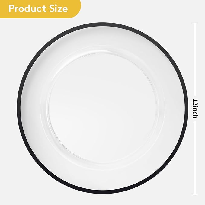 Goodluck 12 Inch Disposable Charger Plates Plastic, 100 Pack Plastic Clear Charger with Black Rim for Dinner, Wedding, Party