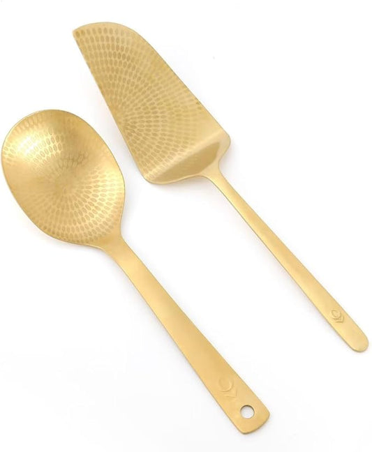 OPRAKT HOME Gold Kitchen Set, 11-inch Cake Spatula and 10-inch Serving Spoon with Storage Bag, Stainless Steel