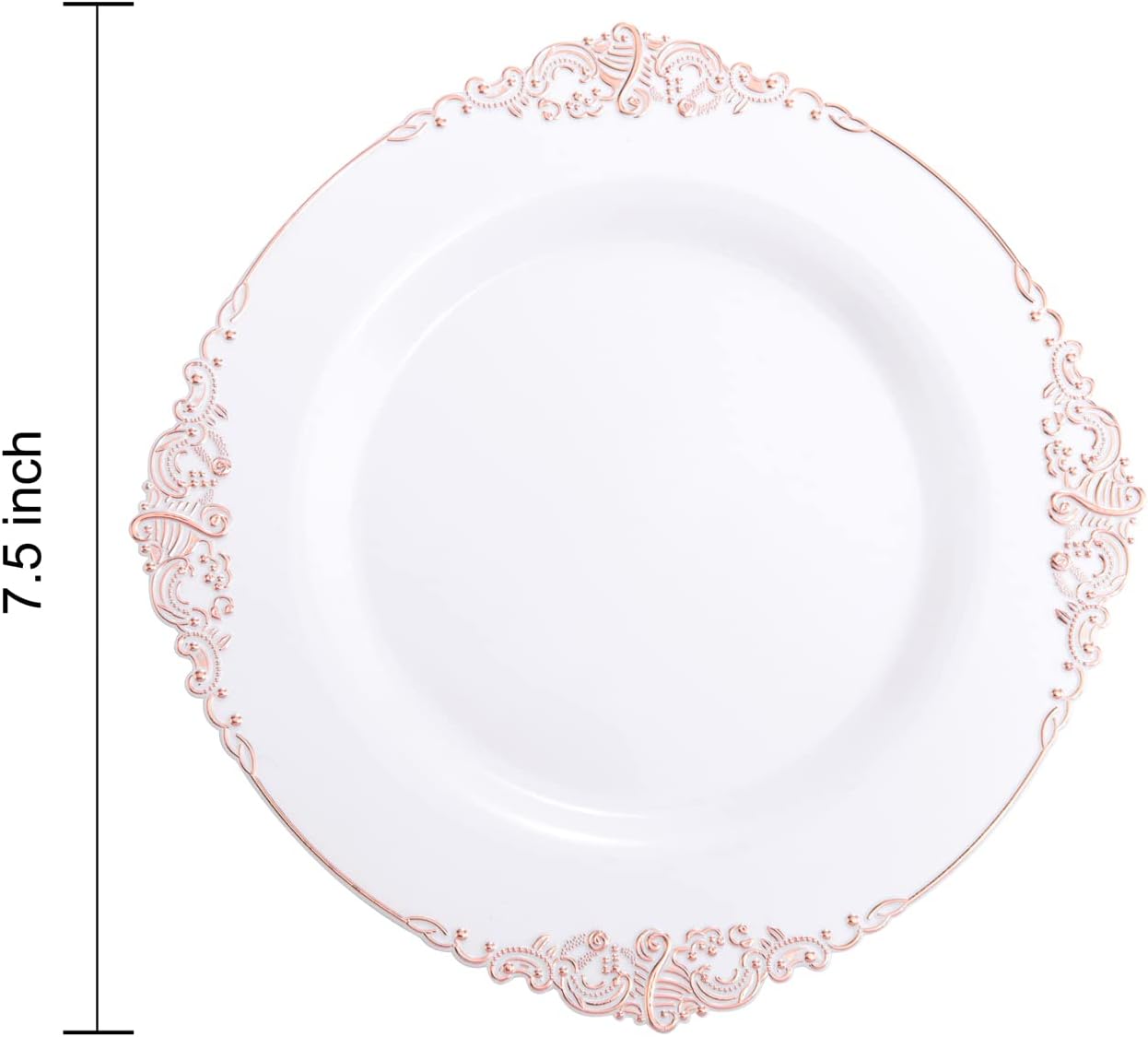 Morejoy 100pcs Plastic Plates - Disposable - 7.5 inch White and Rose Gold Dessert Plates for Weddings & Parties & Shower
