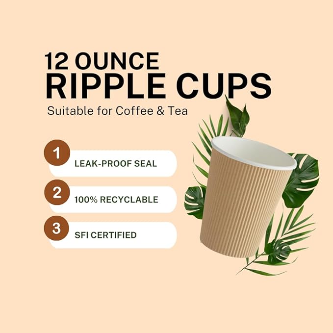 Ripple Paper Cups 12 oz 500 Pack for Coffee & Tea Made in USA | Bulk 500 Count for Home, Office, Restaurants & Coffee Shops | Recyclable, Insulated, & Disposable 12 Ounce To-Go Cups for Hot Beverages