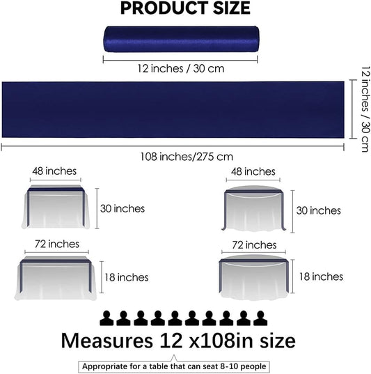 12 Pack Satin Table Runner 12 x 108 Inch Long Satin Table Runners for Wedding Banquet Graduations Birthday Party Decoration (Navy Blue)