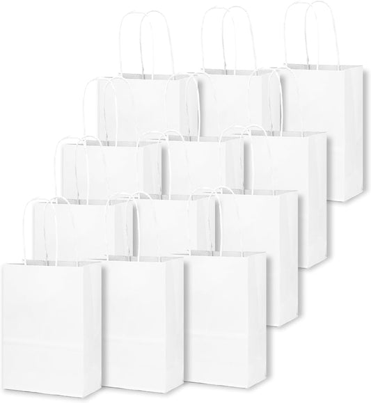 qiqee 50-Packs White Paper Gift Bags with Handles Bulk 4.5"x2.5"x6" Mini Size Party Favor Bags Multiple Uses