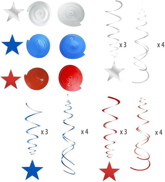 MOWO Silver Blue and Red Star Swirl Hanging Decoration for 4th July Independence Day Graduation Retirement Patriotic Theme Party Supplies,Pack of 21