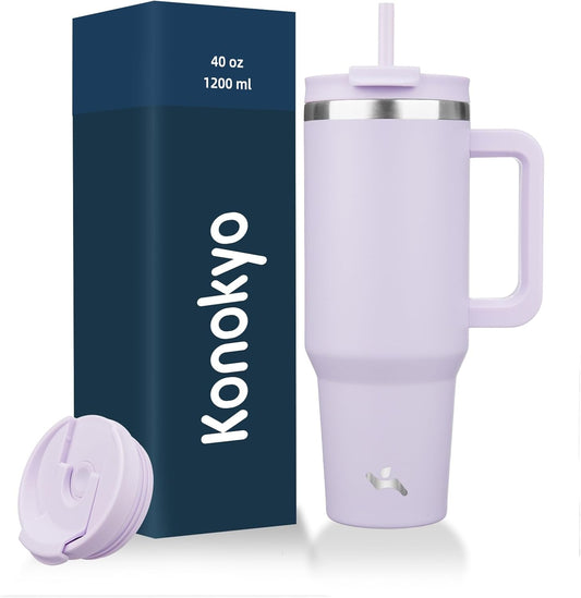 40 oz Tumbler with Handle and 2 Straws,2 in 1 Lid Insulated Water Bottle Stainless Steel Travel Coffee Mug,Wisteria