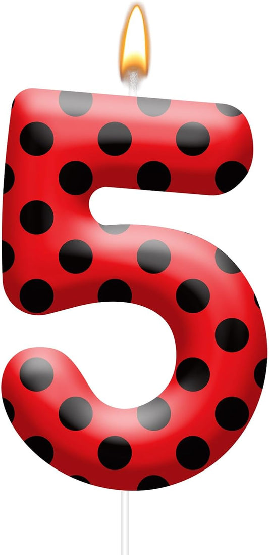 Ladybug Theme Birthday Candles - Red & Black Polka Dot Decorative Candles for Kids Ladybug Themed Parties, Baby Showers, Birthday Cakes, and Ladybird Inspired Celebrations(Number 5)