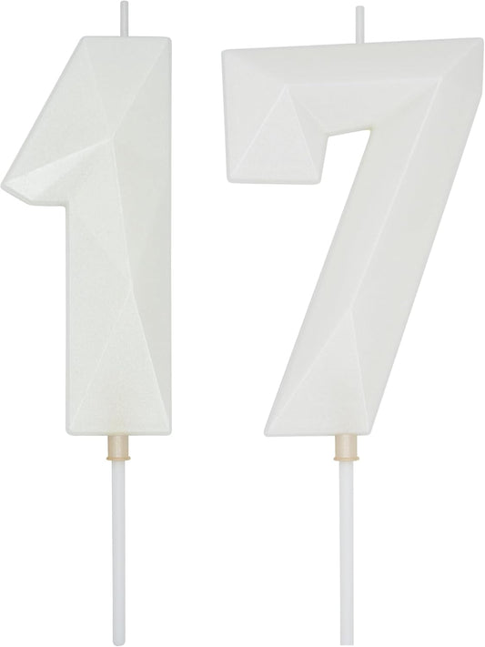 DERVENTA Large Birthday Candle Number 3D White 3.7 inch Party Celebration Anniversary Decoration Cake Topper 1 Piece (Number 17 White)
