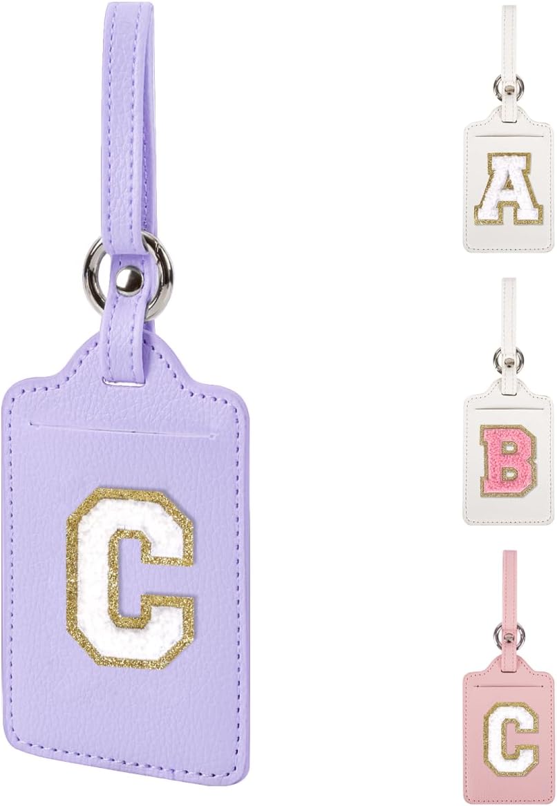 Personalized Initial Luggage Tags for Suitcases, Leather Chenille Letter Cute Luggage Tags with Privacy Name Card, Embroidered Travel Bag Backpack Tags Gifts for Women Kids Girls Teens(Purple-C)