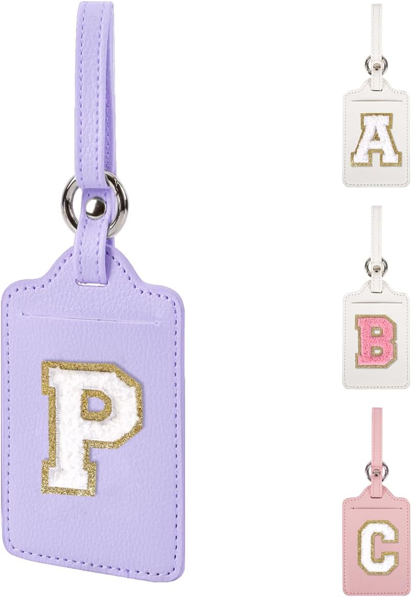 XSUIOY Personalized Initial Luggage Tags, Leather Chenille Letter Cute Luggage Tags with Privacy Name Card, Embroidered Travel Bag Backpack Tags Gifts for Women Kids Girls Teens (Purple, P)
