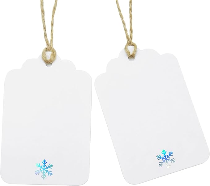 ASYEHJNR 100Pcs Blank Gift Tags with String Iridescent Foil Snowflake Large Gift Tags White Paper with 65 Ft Jute Twine Cute Tags for Christmas Xmas Holiday Winter Wonderland Gift Wrap Tags