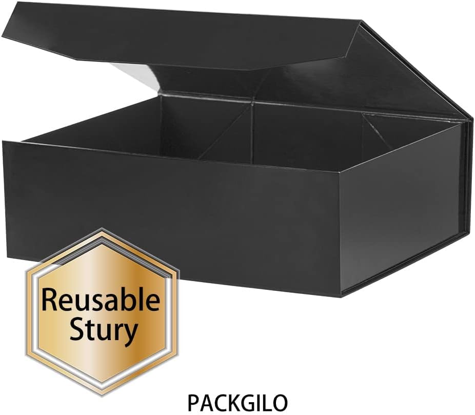 Black Extra Large Gift Box with Lid 2 Pcs 16.5 x 13 x 5.3 Inches, Gift Box large Black Gift Boxes for Presents Clothes Robe Wedding Dress Sweater,Reusable Foldable Bridesmaid Proposal Box（Glossy）