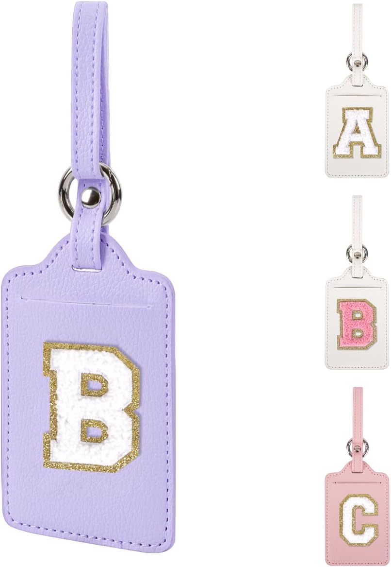 Personalized Initial Luggage Tags for Suitcases, Leather Chenille Letter Cute Luggage Tags with Privacy Name Card, Embroidered Travel Bag Backpack Tags Gifts for Women Kids Girls Teens(Purple-B)