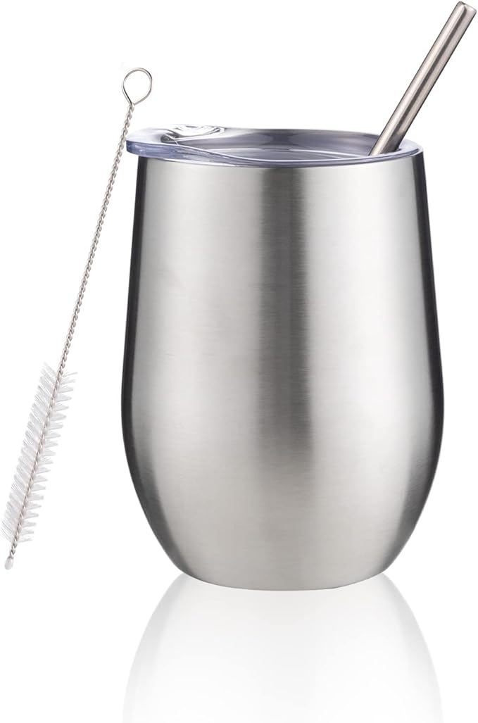 12 oz Insulated Wine Tumbler with Lid and Straw,Stainless Steel Stemless Wine Tumbler Glasses Double Wall Vacuum Wine Cups Tumbler for Coffee,Champaign,Cocktail,Office（Silver,1）