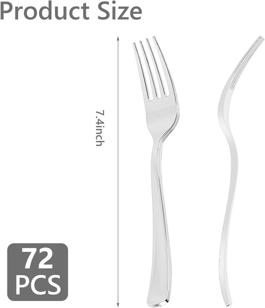 N9R 72PCS Silver Plastic Forks, Solid, Durable and Heavy Duty Disposable Silverware Forks, Perfect Plastic Utensils for Party, Wedding and Daily Use
