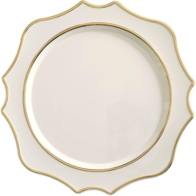 " OCCASIONS " 10 Pieces 13.25'' Scalloped Disposable/Reusable Plastic Charger Plates for Wedding, (Scalloped Imperial Ivory & Gold)