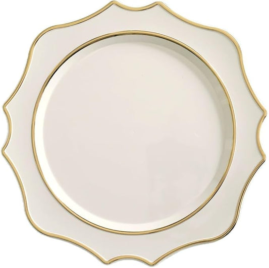 " OCCASIONS " 10 Pieces 13.25'' Scalloped Disposable/Reusable Plastic Charger Plates for Wedding, (Scalloped Imperial Ivory & Gold)