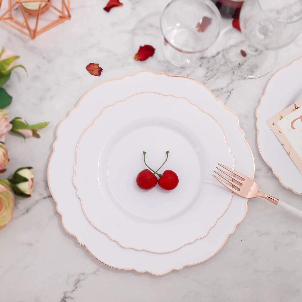 WDF 100pcs Rose Gold Plastic Plates-Baroque White &Rose Gold Disposable Plates including 50Plastic Dinner Plates 10.25inch,50Salad Plates 7.5inch for Wedding & Parties