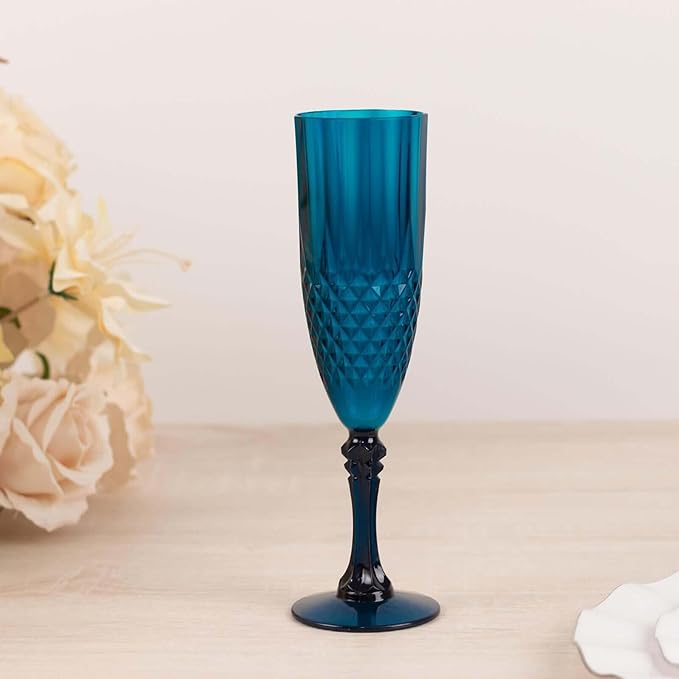 Efavormart 6-Pack Champagne Glasses, 8oz Shatterproof Plastic Crystal Cut Toast Flutes, Navy Blue for Party Celebration Wedding