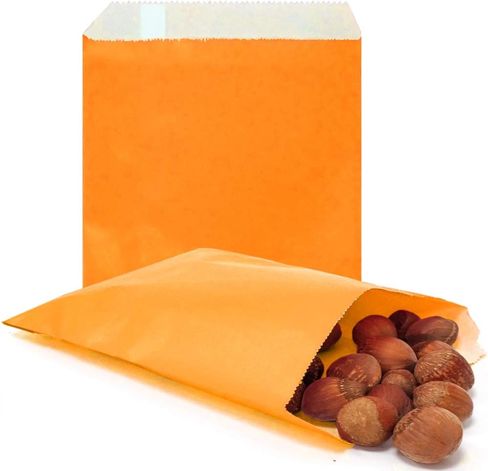 AZOWA 100 CT Small Paper Treat Sacks Orange 5 x 7 In Candy Buffet Bags for Party