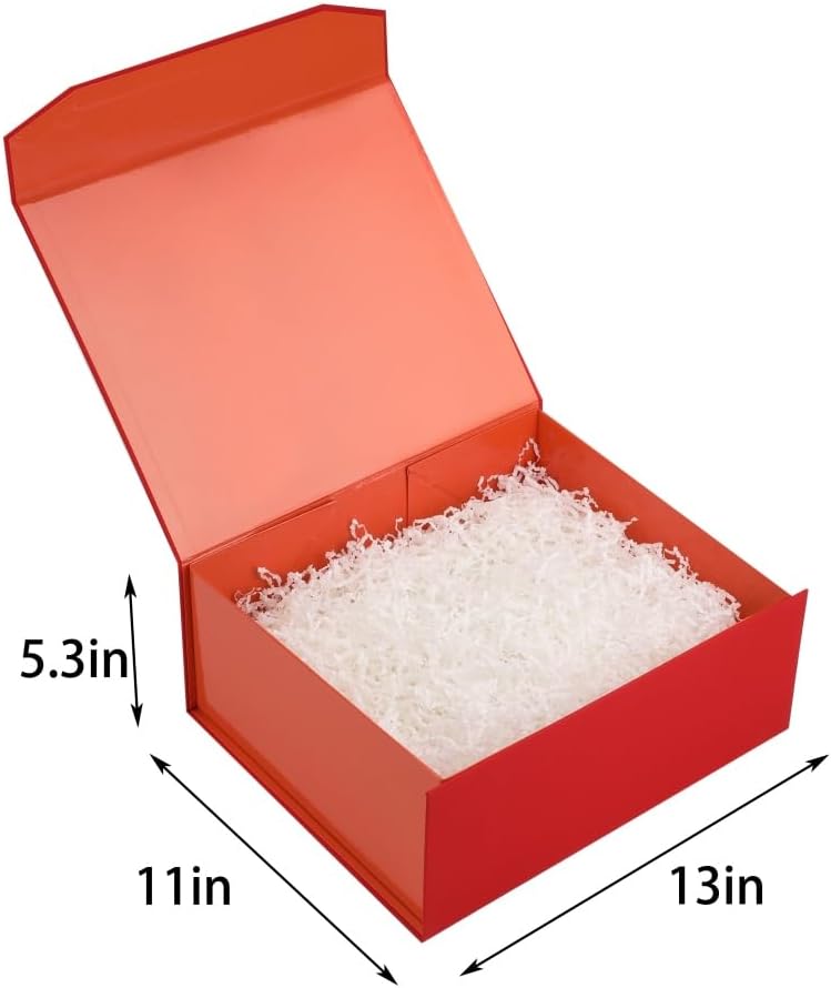 1 Pcs Red Gift Box Large 13x11x5.3 Inch Magnetic Boxes with Crinkle Paper Red Large Gift Box with Shredded Paper Luxury Gift Boxes with Lids for Presents