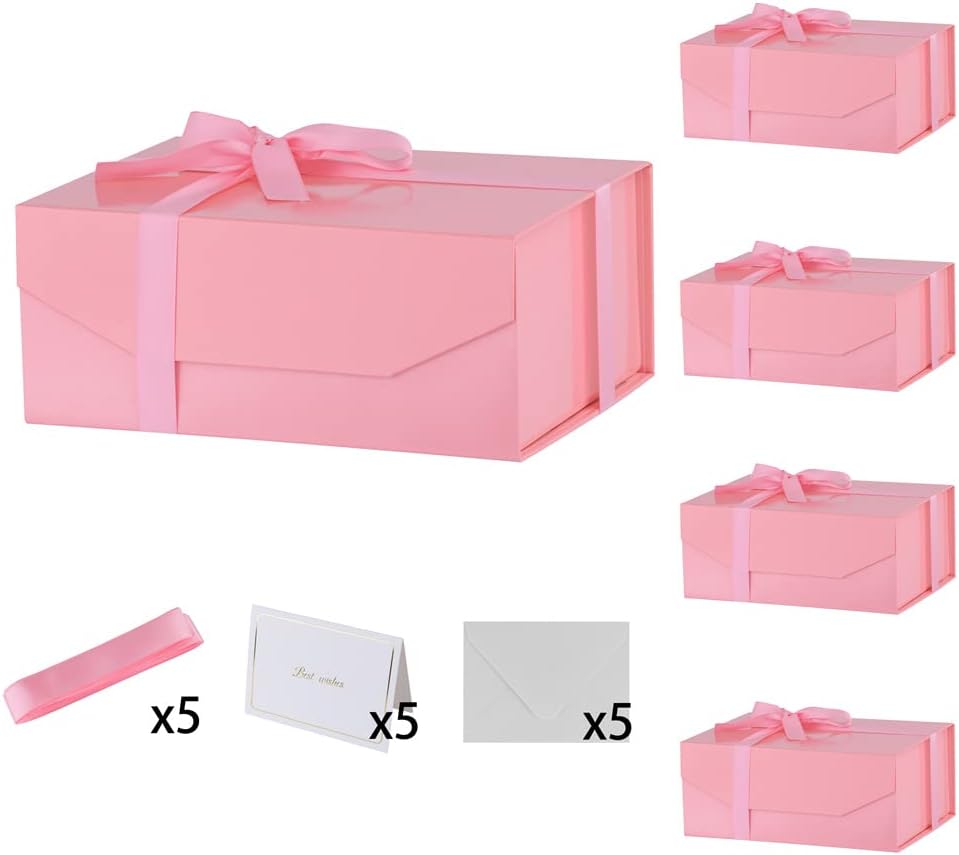 5PCS Pink Gift Box with Ribbon 9.5x7x4 Inches，Sturdy Gift Box with Lid for Gift Packaging, Foldable Magnetic Closure Storage Boxes, Bridesmaid proposal box, Rectangle Collapsible Box