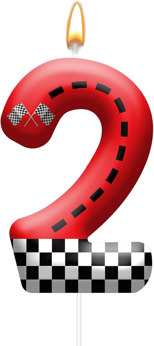 Racing Car Theme Birthday Candle with Checkered Flag Design - Durable Cake Topper for Race Car Party Decorations,Birthday Supplies - Number 2 Candle for Racing Themed Celebrations