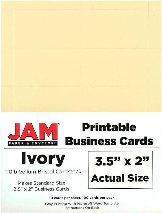 JAM PAPER Printable Business Cards - 3 1/2 x 2 - Ivory Vellum - 100/Pack