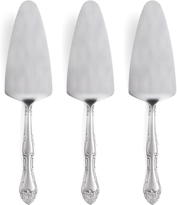 Deeny Jarte 9.3-Inch Silver Cake Server Set - 3-Piece Stainless Steel Dessert Serving Utensils with Stylish Rose Handle – for Weddings, Parties, Birthday Celebrations & Gatherings