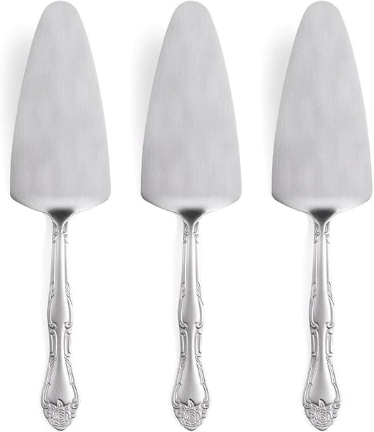 Deeny Jarte 9.3-Inch Silver Cake Server Set - 3-Piece Stainless Steel Dessert Serving Utensils with Stylish Rose Handle – for Weddings, Parties, Birthday Celebrations & Gatherings