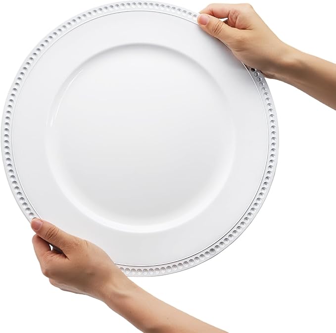 Okllen 12 Pack Plastic Round Charger Plates, 13" Dinner Chargers Decorative Plates with Beaded Rim, Embossed Charger Serving Plates for Wedding, Catering Event, Tabletop Decor, White