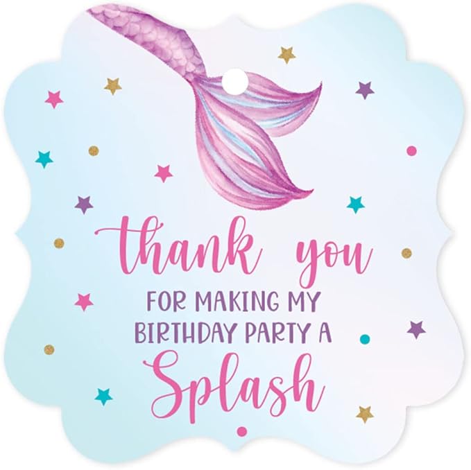 Andaz Press Fancy Frame Kids Party Favor Thank You Tags with String, 48-Pack Mermaid Birthday Gift Tags for Gift Bags, Favor Bags, Goody Bags, Girls Mermaid 1st Birthday Party Favors Hanging Tags