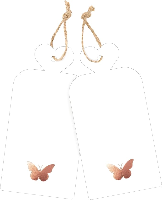 joycraft 100Pcs Gift Tags with String, 4x2 in Blank Tags with Rose Gold Foil Butterfly, White Paper Labels for Birthday, Wedding, Baby Shower, Valentine’ s Day, Christmas